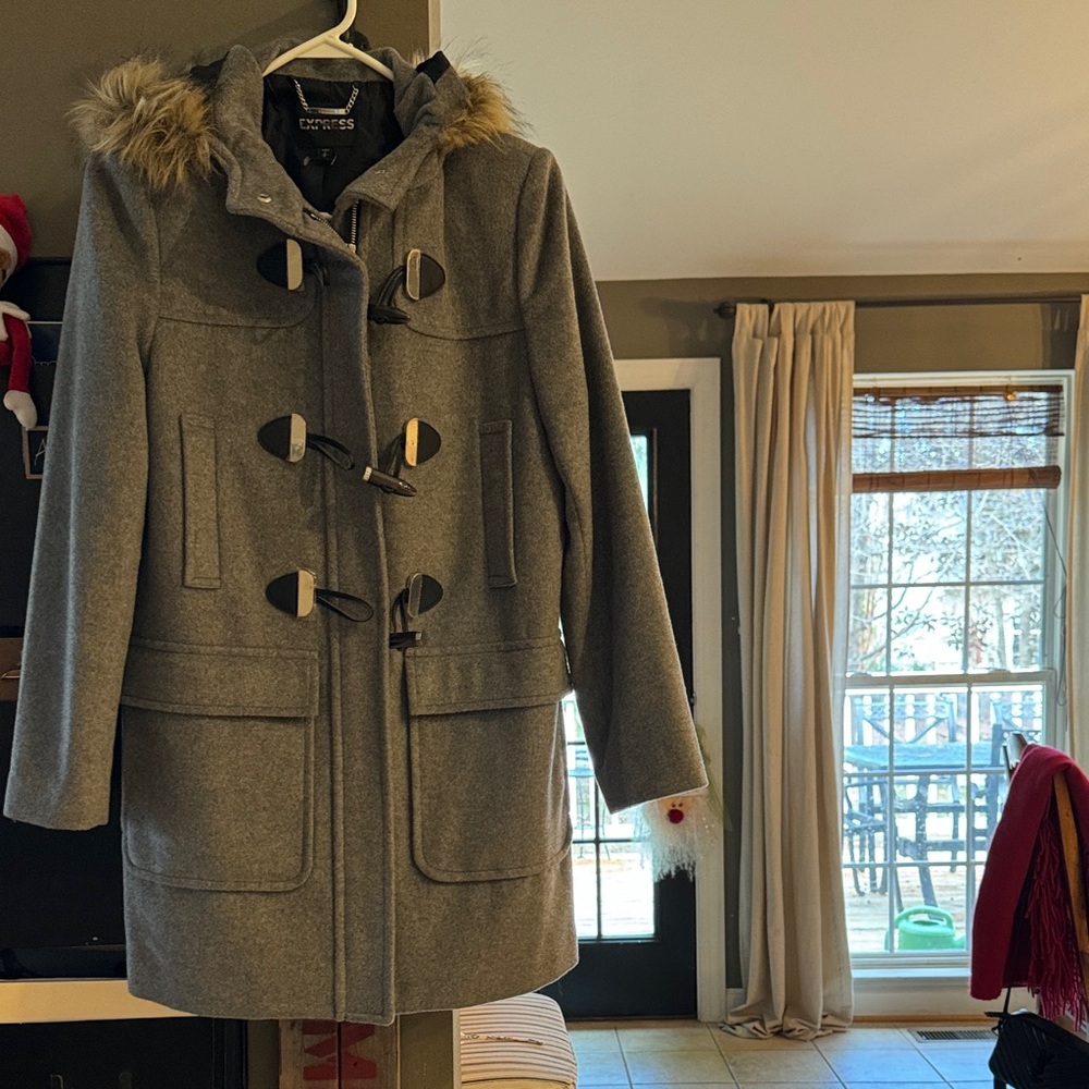 Express Gray Puffer Coat with Faux Fur Hood